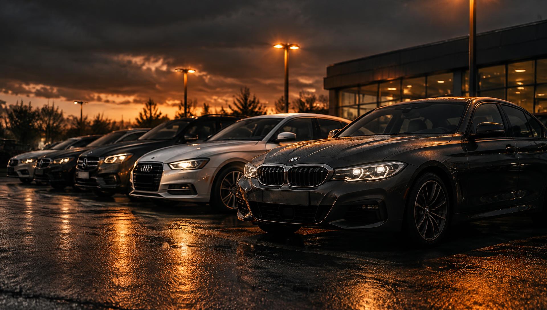 Used cars lined up on a dealership forecourt at dusk